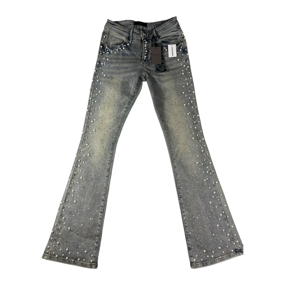 Reveer Jeans RVR Rhinestone Pearl Embellished Flare Denim Blue Vintage Wash 30